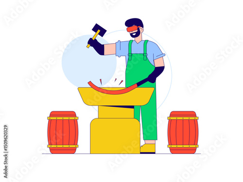Blacksmith making sword with safety equipment. Craft illustration. Character design. Flat vector illustration.