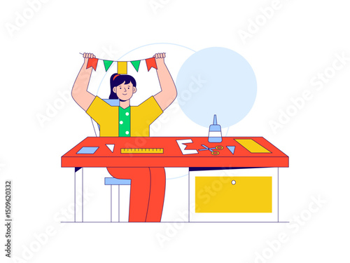 Woman child is in her study room at home making crafts from paper. Craft illustration. Character design. Flat vector illustration.