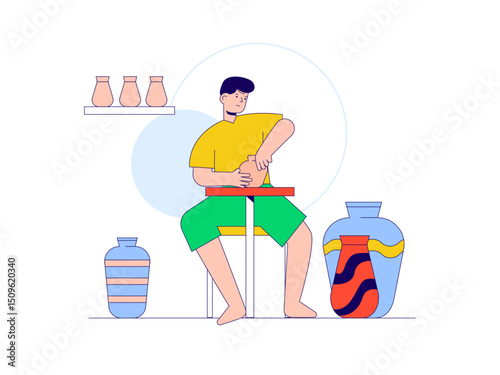 Man making pottery. Craft illustration. Character design. Flat vector illustration.