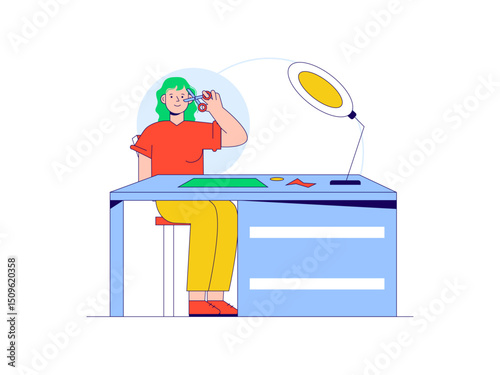 Woman is cutting paper, making crafts at home. Craft illustration. Character design. Flat vector illustration.	