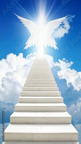 Ascending white staircase leading to bright light with angel wings against blue sky filled with fluffy clouds symbolizes heaven