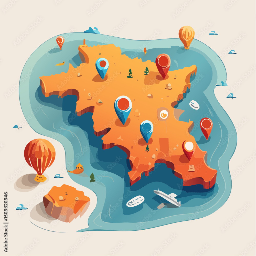 Naklejka premium Stylized Island Map Vector Illustration Bold Colors, Simplified Landmarks