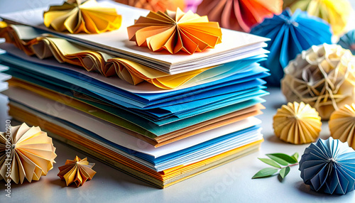 structured depth;  layering enhances visual composition by stacking papers and elements, creating dimension, texture, and dynamic artistic flow
