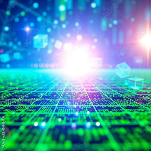 Extreme Macro Vibrant Abstract Digital Future Landscape with Glowing Grid and Data Elements

