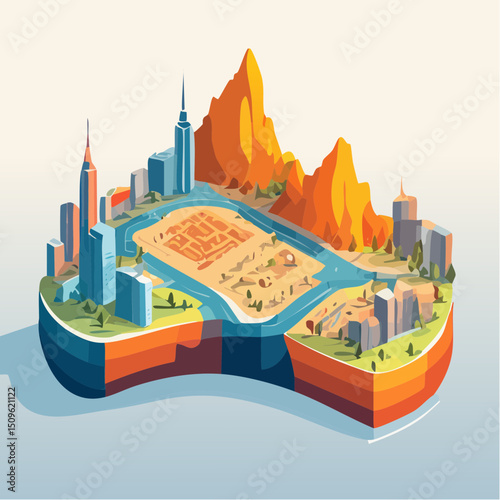 Stylized Cityscape Vector Illustration Isometric Map with Bold Colors and Simplified Landmarks