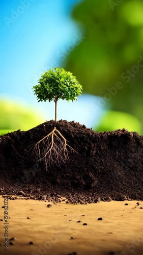 Small tree with exposed roots growing in soil mound against a vibrant green and blue bokeh background, symbolizing growth and environmental consciousness