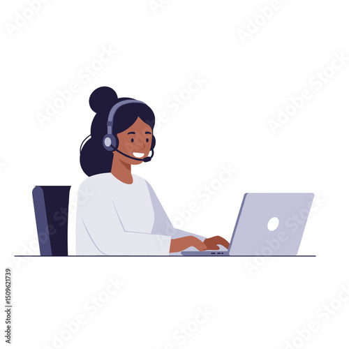 An illustration of a smiling woman wearing a headset and working on a laptop. She is likely providing customer support or working in a call center environment. The design is clean and modern.