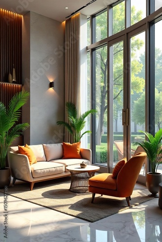 Sleek, modern hotel lobby with comfortable seating, stylish decor, and natural light streaming through large windows Perfect for travel, hospitality, and interior design concepts , home, decor