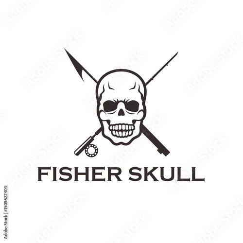 Simple Black Line Art Skull Fisherman with Fishing Rod Illustration