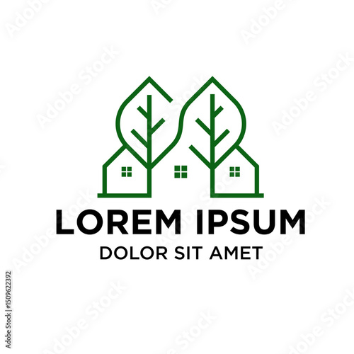 Minimalist Line Art House with Tree Leaf Shape Architecture Logo