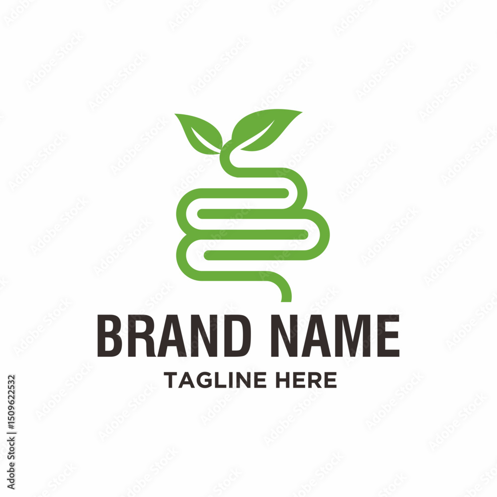 Minimalist Line Art Intestine with Leaf Symbol Health and Wellness Logo