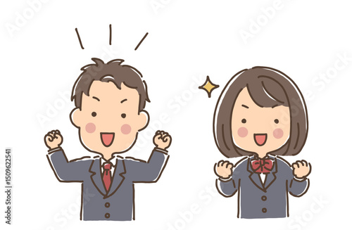 ガッツポーズをしている制服の女子生徒と男子生徒