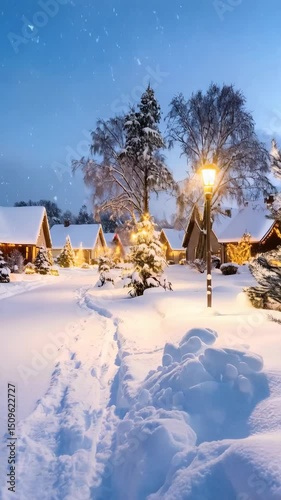 Picturesque winter village at night under falling snow with glowing street lamp and Christmas tree lights illuminating a snowy path