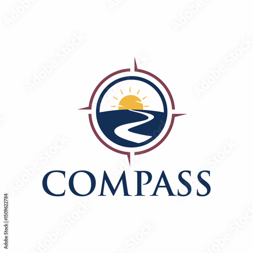 Modern Minimalist Compass Logo Design with River, Sun and Circular Border