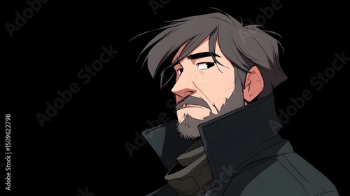 Rugged and stylized anime portrait of a man in a dark setting