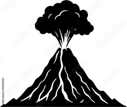 silhouette vector illustration of a volcano erupting, isolated on white