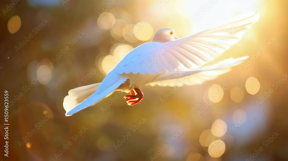 Elegant white dove in graceful flight against a bright bokeh light filled backdrop conveying themes of peace, freedom, and new beginnings.