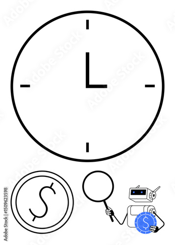 Clock face, magnifying glass, robot analyzing coin illustrate digital finance, time management, AI, analytics, currency observation, innovation and financial technology. Ideal for fintech