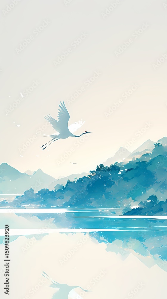 Naklejka premium Traditional blue and white lake white crane bird illustration poster background