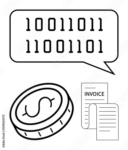 Binary code in speech bubble alongside a dollar coin and invoice represents digital payments, cryptocurrency, finance, coding, innovation, e-commerce, and technology. Ideal for fintech concepts