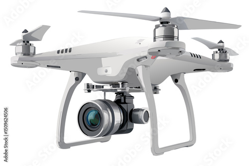 vector of unmanned aerial vehicle (UAV) with camera lens detail, sleek design on white background
