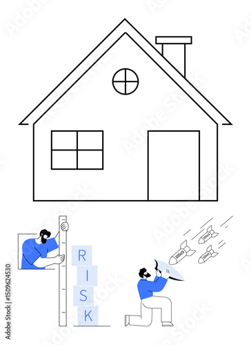House outline, person measuring risk with a scale, another defending with a shield against threats. Ideal for insurance, risk management, crisis planning, security, home safety, protection simple