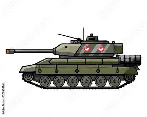 realistic vector of main battle tank, side profile with visible tracks and turret gun, isolated on white

