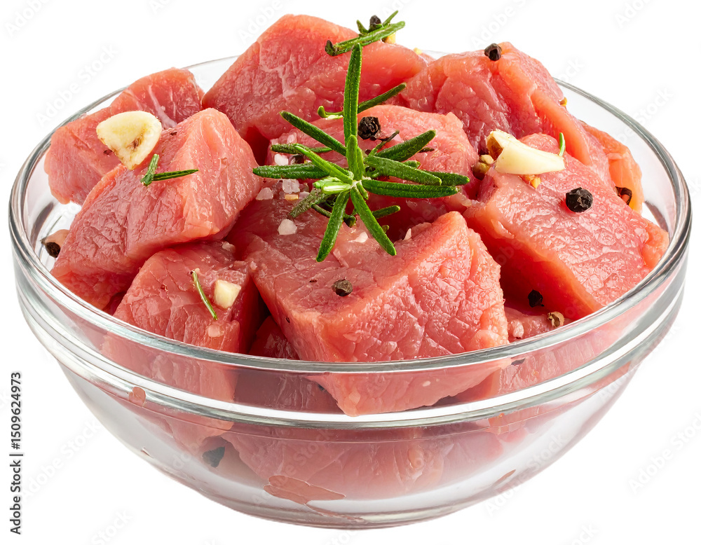 Raw marinated meat slices with herbs, slices, olives oil and garlic isolated on white background. Suitable for marketing or business purposes. PNG file Raw marinated meat slices with herbs, slices, olives oil and garlic isolated on white background. Suitable for marketing or business purposes. PNG file