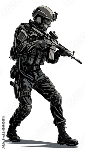 vector of modern soldier with rifle in tactical gear, detailed helmet and body armor, clean black silhouette on white background
