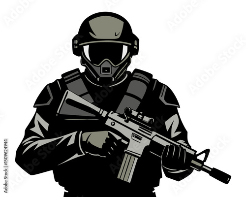 vector of modern soldier with rifle in tactical gear, detailed helmet and body armor, clean black silhouette on white background
