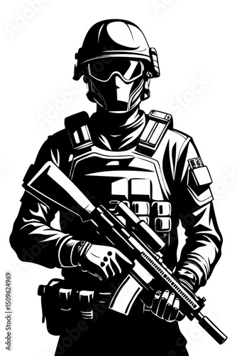vector of modern soldier with rifle in tactical gear, detailed helmet and body armor, clean black silhouette on white background
