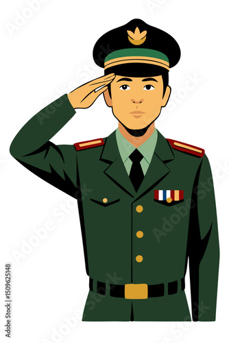 vector of male soldier in uniform saluting with respect, clean silhouette style, isolated on white
