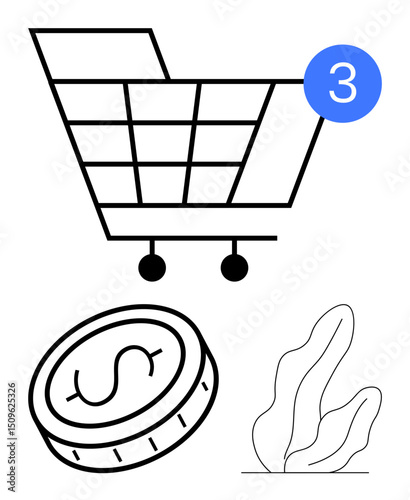 Shopping cart with notification badge, coin with dollar sign, abstract organic shapes. Ideal for e-commerce, digital marketing, finance, shopping, retail, economy simple landing page