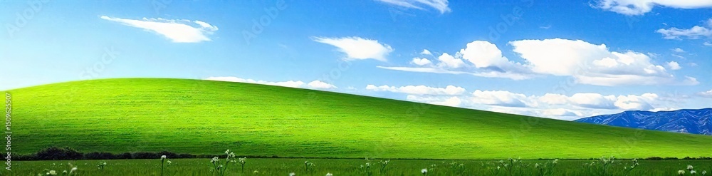 Fototapeta premium Serene vista of a rolling green hill under a vibrant blue sky, dotted with wildflowers and lush vegetation Perfect for travel, nature, and environmental themes , spring, idyllic