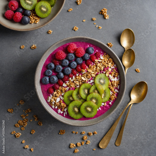 Flat lay of mixed berry smoothie bowl topped with sliced kiwi, granola and coconut flakes on a grey stone surface with minimal props to enhance composition clarity, photographed at