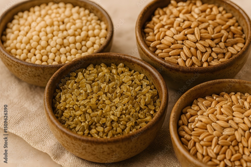 Obraz premium Bowls of various grains on a textured surface.