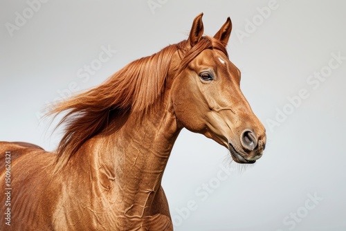 A horse with a flowing mane appears powerful and graceful against a simple white backdrop, with its strength and elegance clear to see.