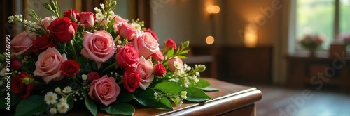 A somber arrangement of flowers sits on a table near a closed casket at a funeral service, signifying grief and remembrance , end, flowers, service