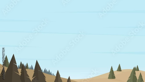 Cartoon mountain landscape with pine trees and clear sky looping flat illustration animation background