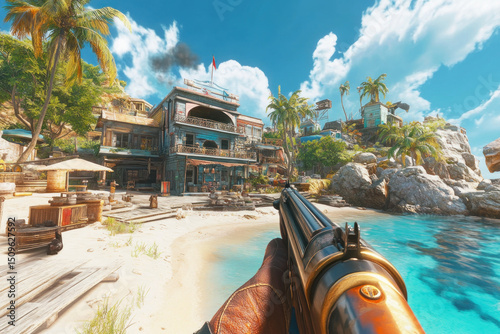 First person perspective shotgun aimed at tropical beachfront structures with blue sky. photo