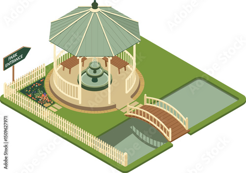 "Isometric park gazebo with wooden benches and fountain, decorative garden flowers, wooden bridge over pond, park entrance sign illustration"

flat vector illustration