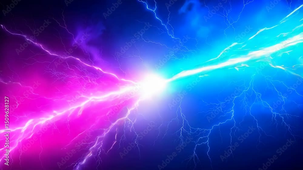 Electric lightning bolts colliding and branching across a dark blue and purple gradient sky background with a bright point of impact.