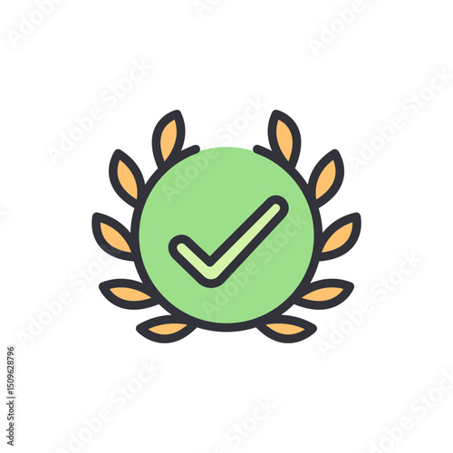 Green Circle Enclosed By Symbolic Laurel With Check Mark For Approval