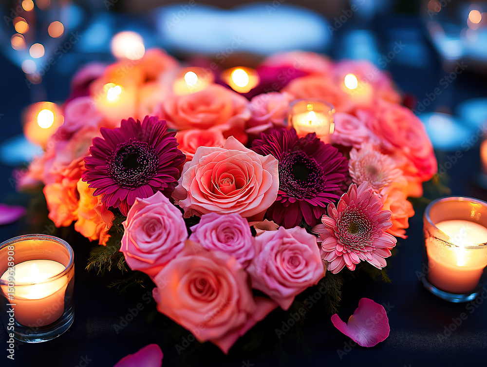 Obraz premium Love-shaped design of fresh flowers and candles for table decoration