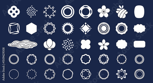 Vector collection of various white abstract shapes and floral motifs arranged in a grid pattern display art 