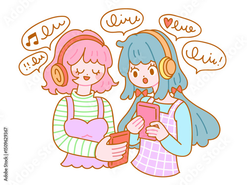 Women enjoying a conversation while listening to music on a smartphone