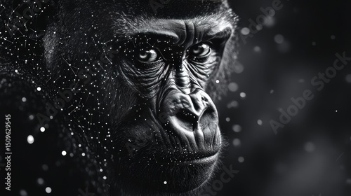 A close-up of a silverback gorillaâ€™s deep eyes, monochrome mood, ultra-sharp details, blurred soft background, artistic wildlife portrait