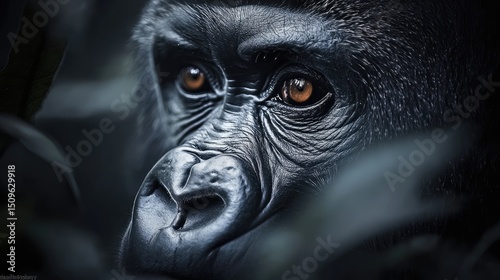 A close-up of a silverback gorillaâ€™s deep eyes, monochrome mood, ultra-sharp details, blurred soft background, artistic wildlife portrait