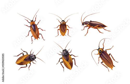 Cockroaches, bugs, indoor pest, illustrations in white background, 蟑螂 (zhāngláng)
