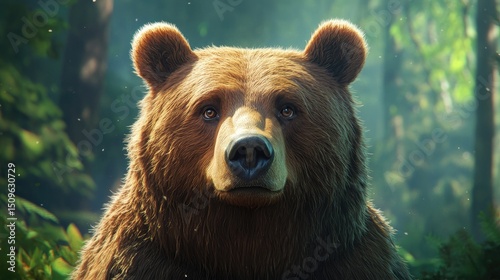 A close-up portrait of a brown bear with gentle eyes, detailed fur texture, blurred forest background, photorealistic 